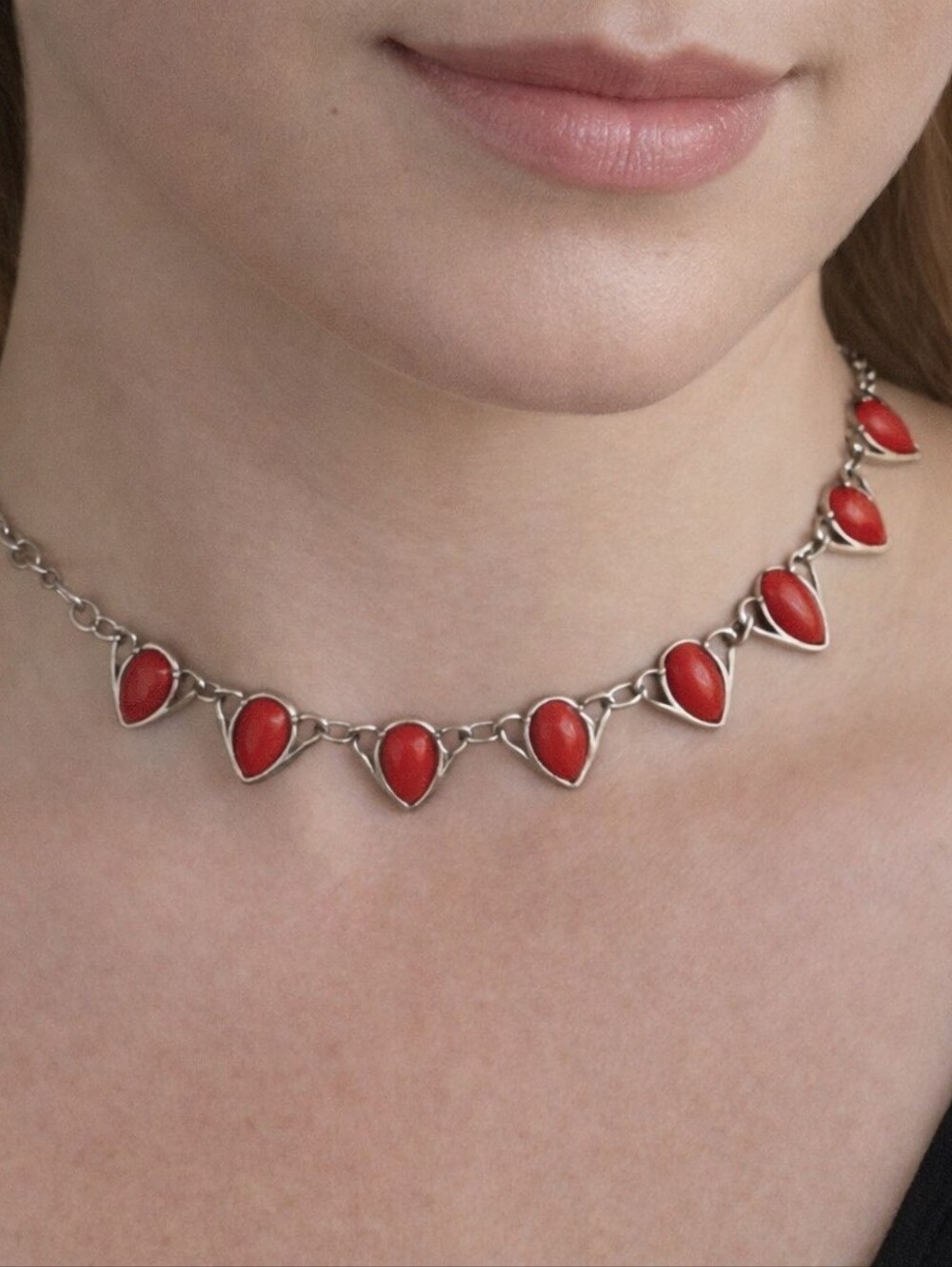 Mialisia Silver Tone Choker With Red Teardrop Stones Statement Necklace